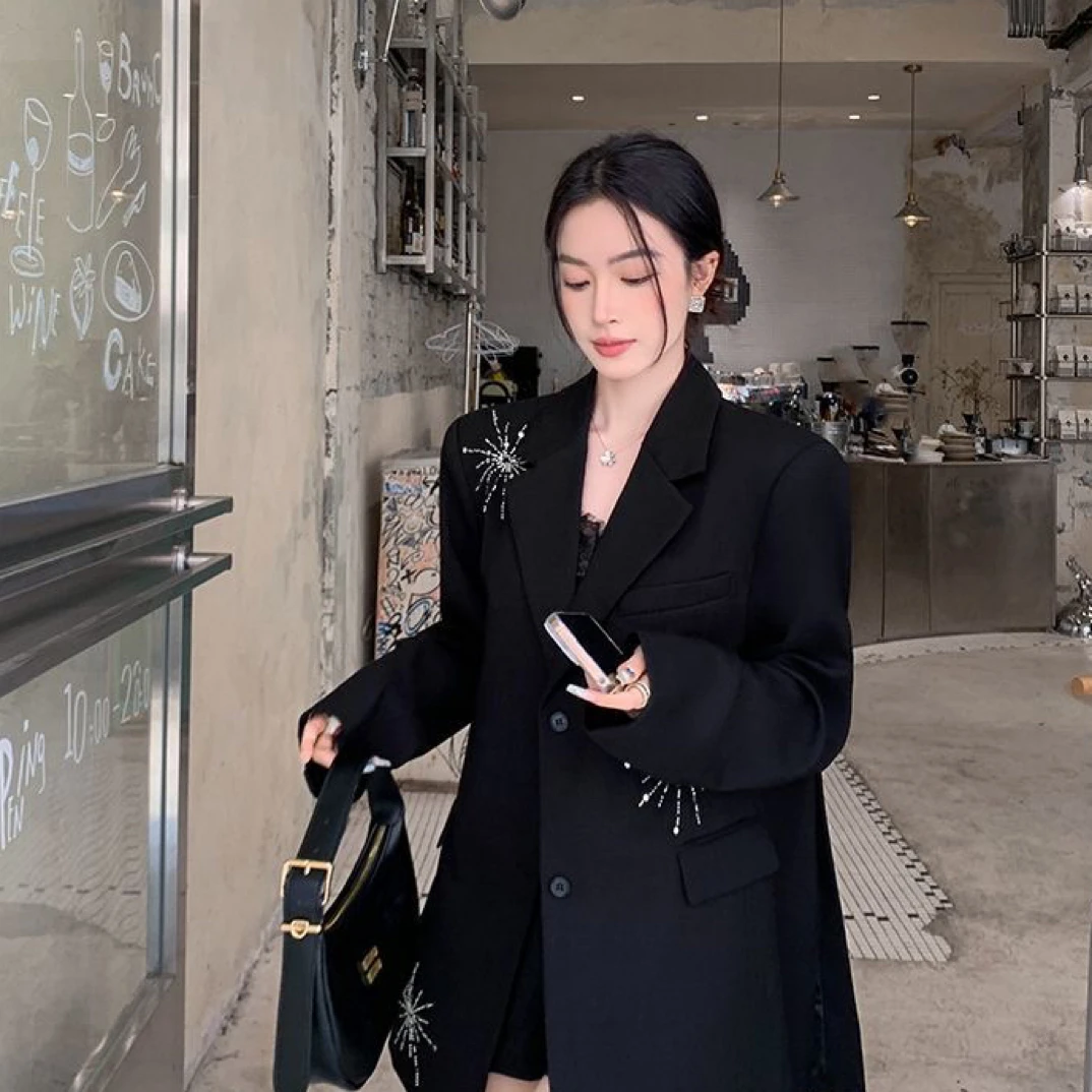 夜空烟花 黑色小众设计感西装外套女2025春新宽松西服百搭春秋