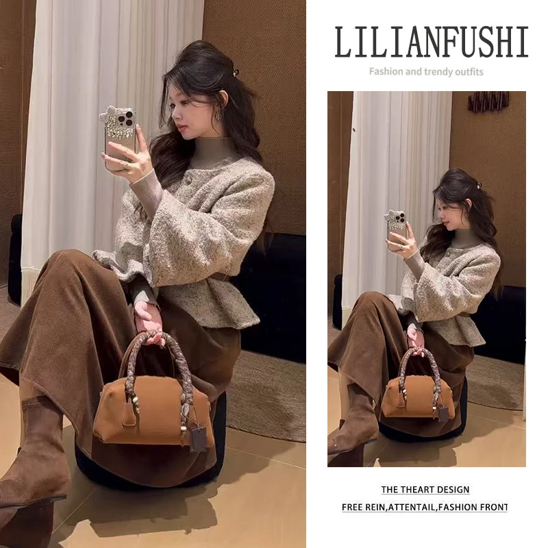 ootd冬日穿搭复古港风千金风小香风时尚套装毛衫气质百搭高领卫衣