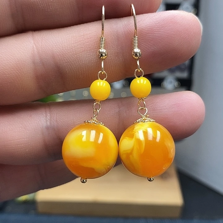 蜜蜡银S925镀金镶嵌耳饰尺寸16mm