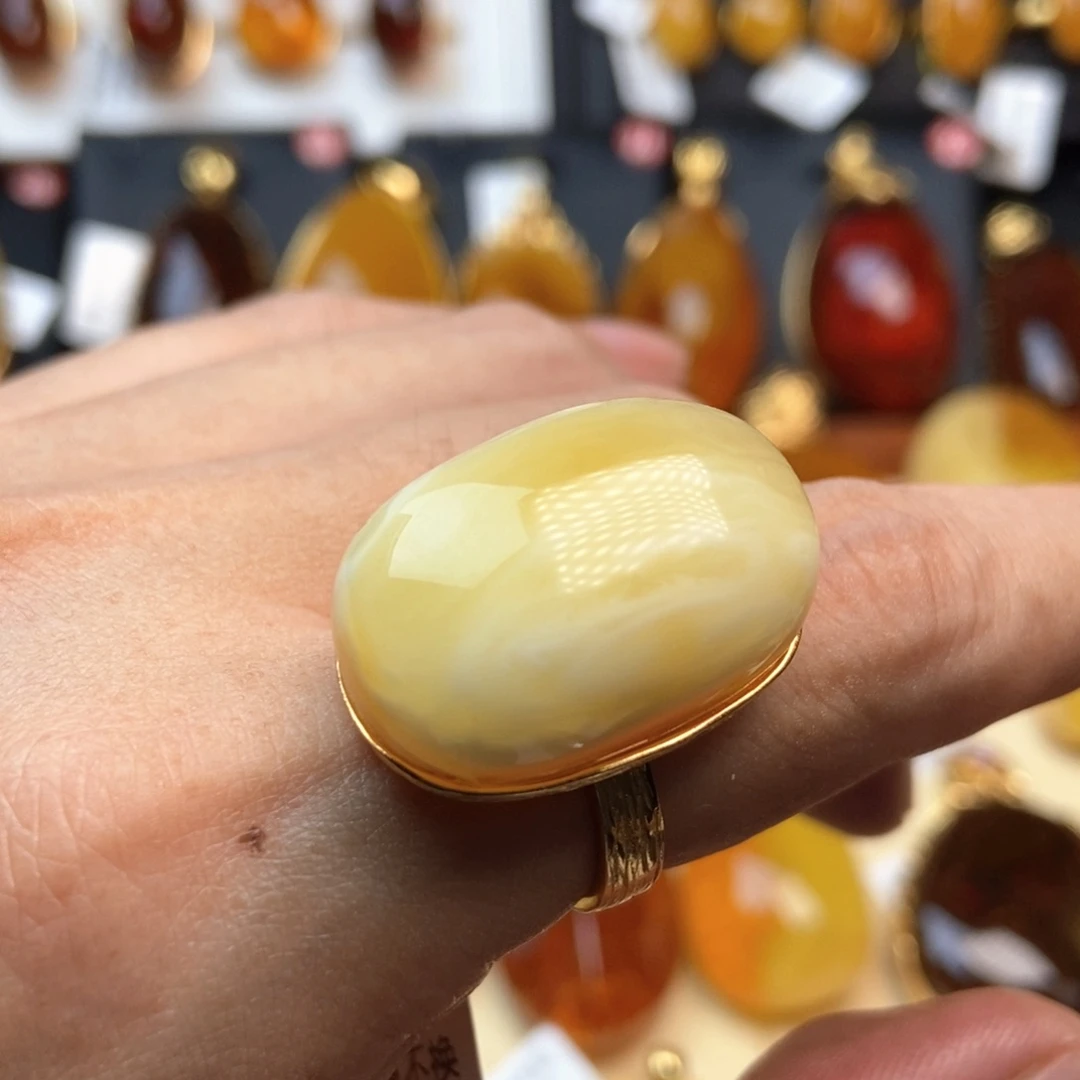 琥珀银S925镀金镶嵌戒指