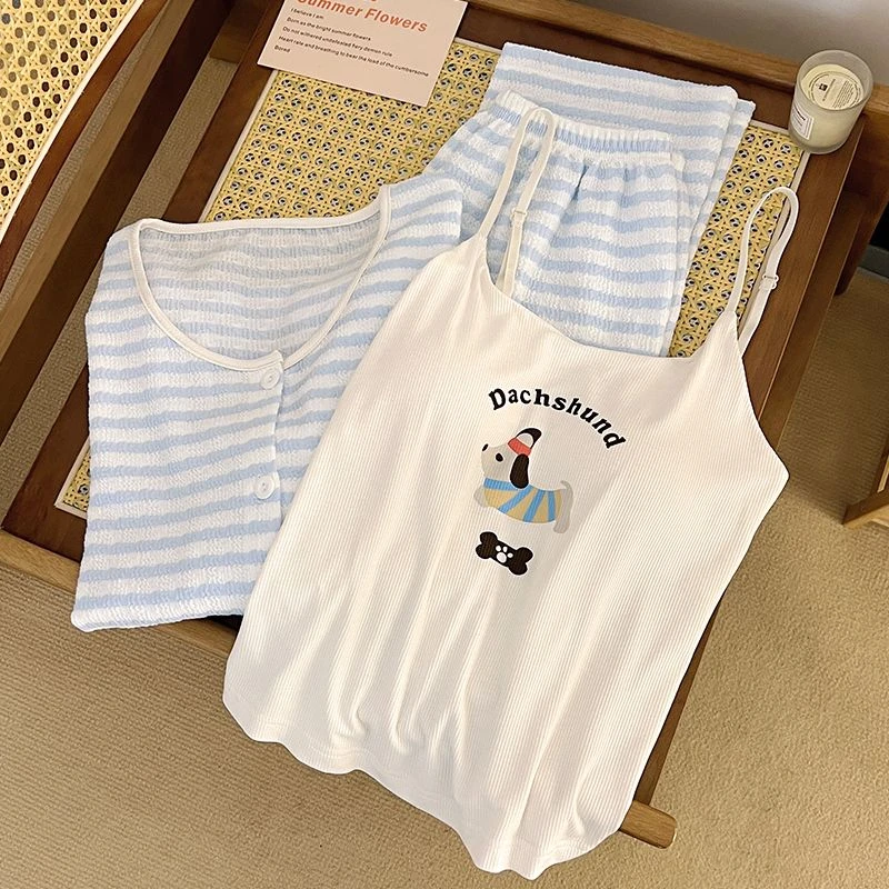 睡衣女春秋款高级条纹ins风吊带夏天薄款居家三件套长袖少女