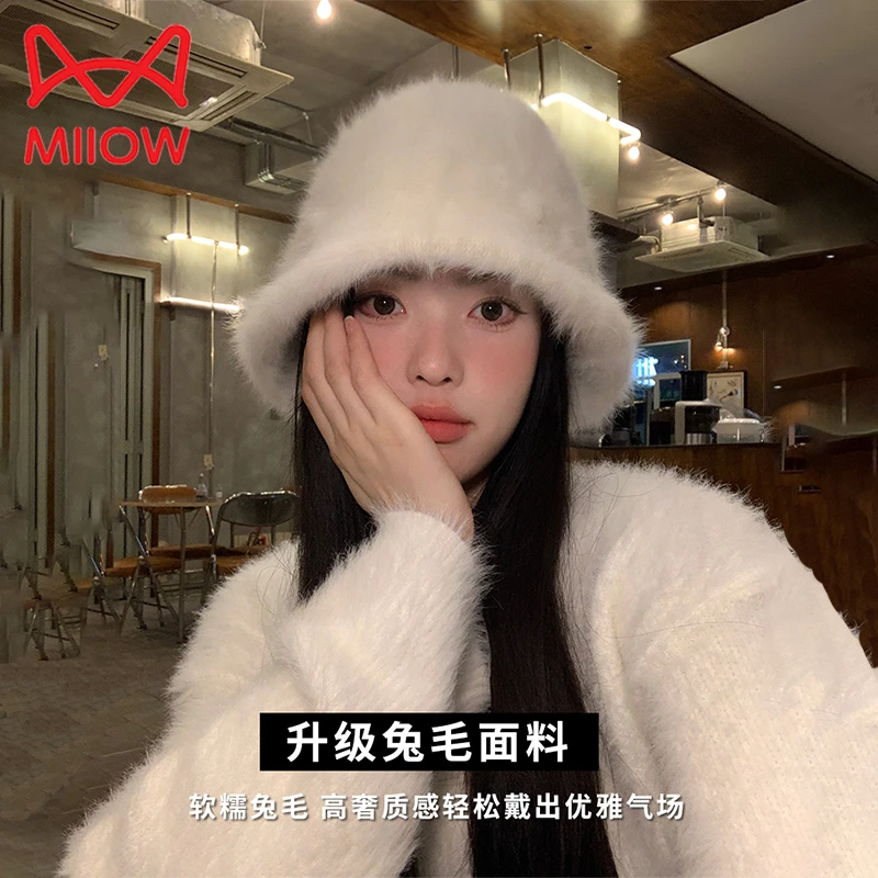 猫人渔夫帽女秋冬兔毛绒绒帽子保暖护耳显脸小兔毛可爱白色水桶帽