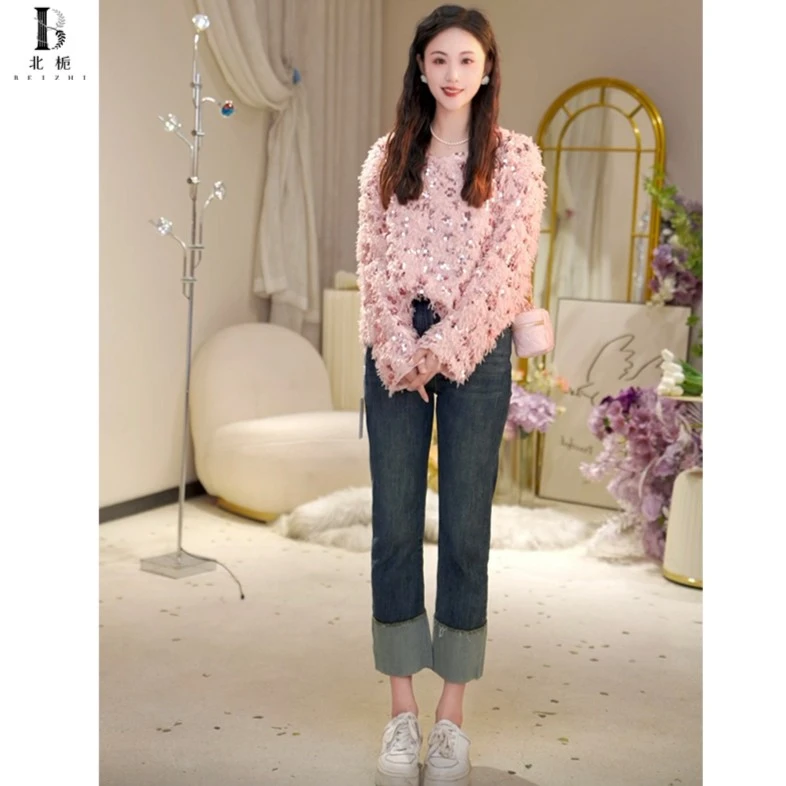 【牛仔计划】脚口翻折高腰牛仔水洗直筒裤810553