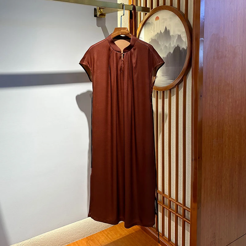 唐一【100%桑蚕丝】重锻缎面红云纱垂坠感收腰显瘦油皮子料连衣裙子