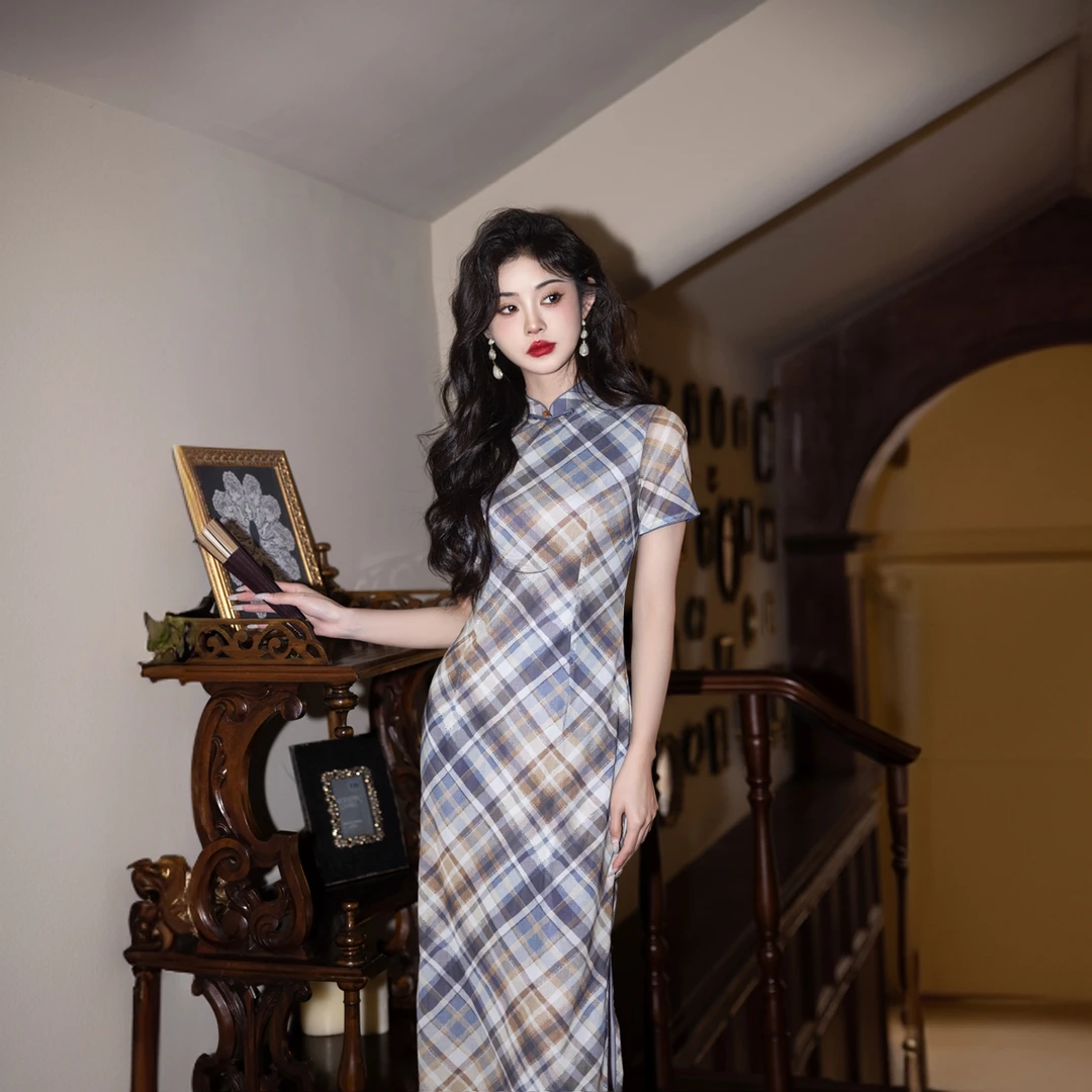 《左岸》2025夏季新款弹力网纱修身显瘦复古港风新中式连衣裙S-3XL