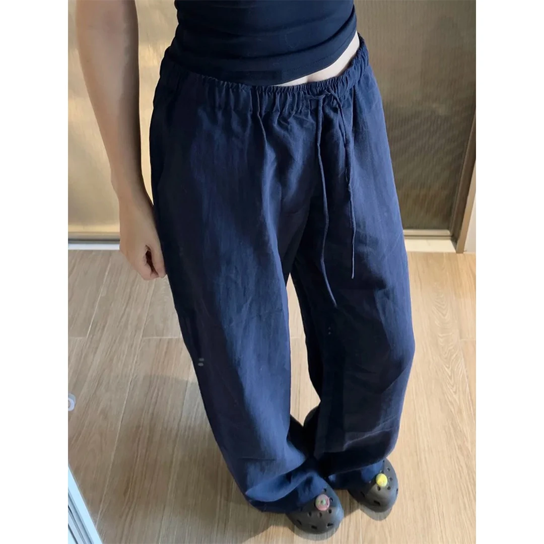 藏青色速干亚麻裤子女夏季薄款慵懒风棉麻山本裤小个子直筒阔腿裤