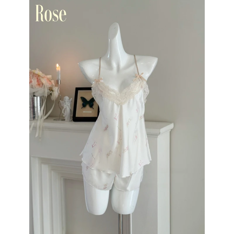 晚瑰·Rose 甜心少女 冰丝缎面吊带短裤睡衣套装甜美纯欲风家居服