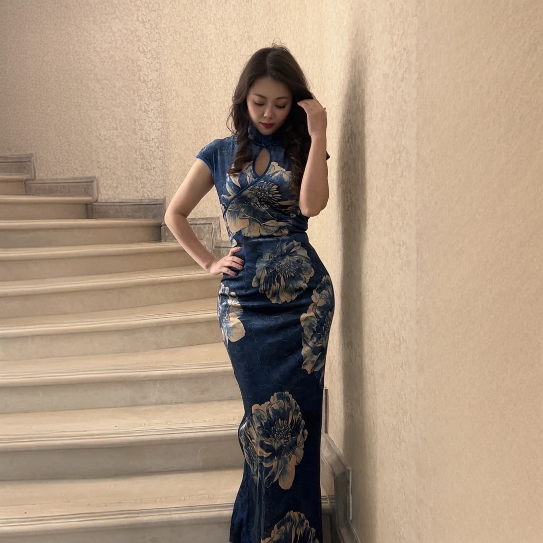 美人鱼【玉芙蓉】中国风复古温婉清冷新中式坎肩古法旗袍两件套装