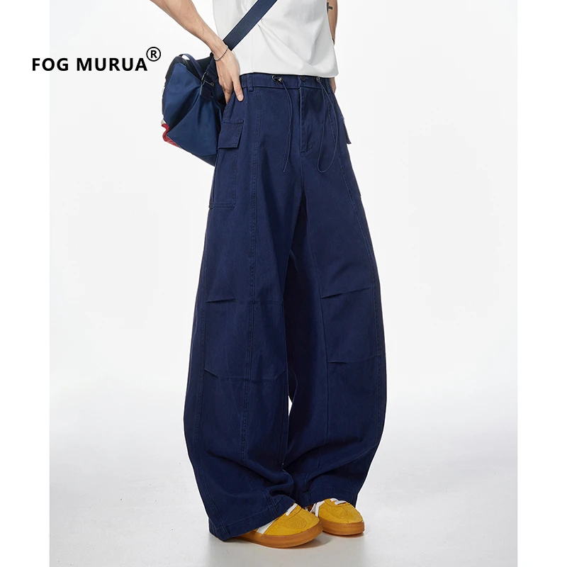 FOG MURUA美式复古深蓝色褶皱长裤男女潮牌新款痞帅宽松直筒裤子