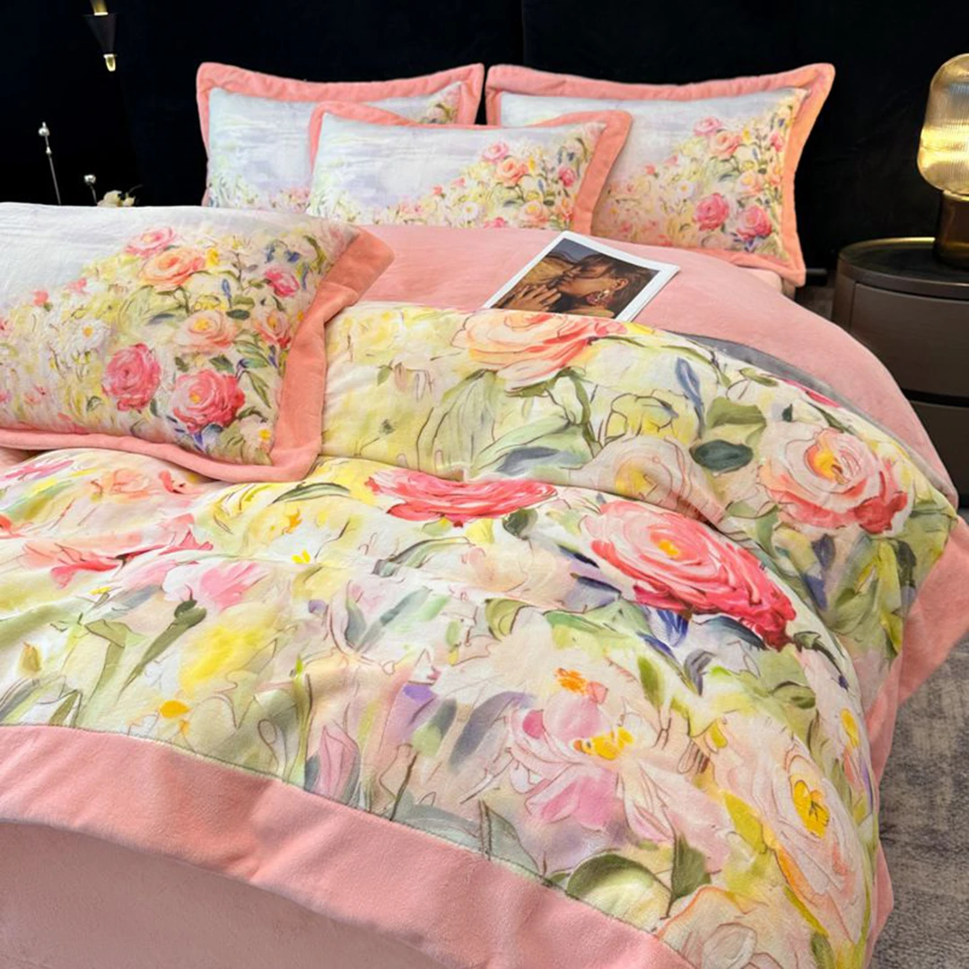 2025款高端宽边数码印花双面牛奶绒被罩四件套纯色婴儿绒双人床单