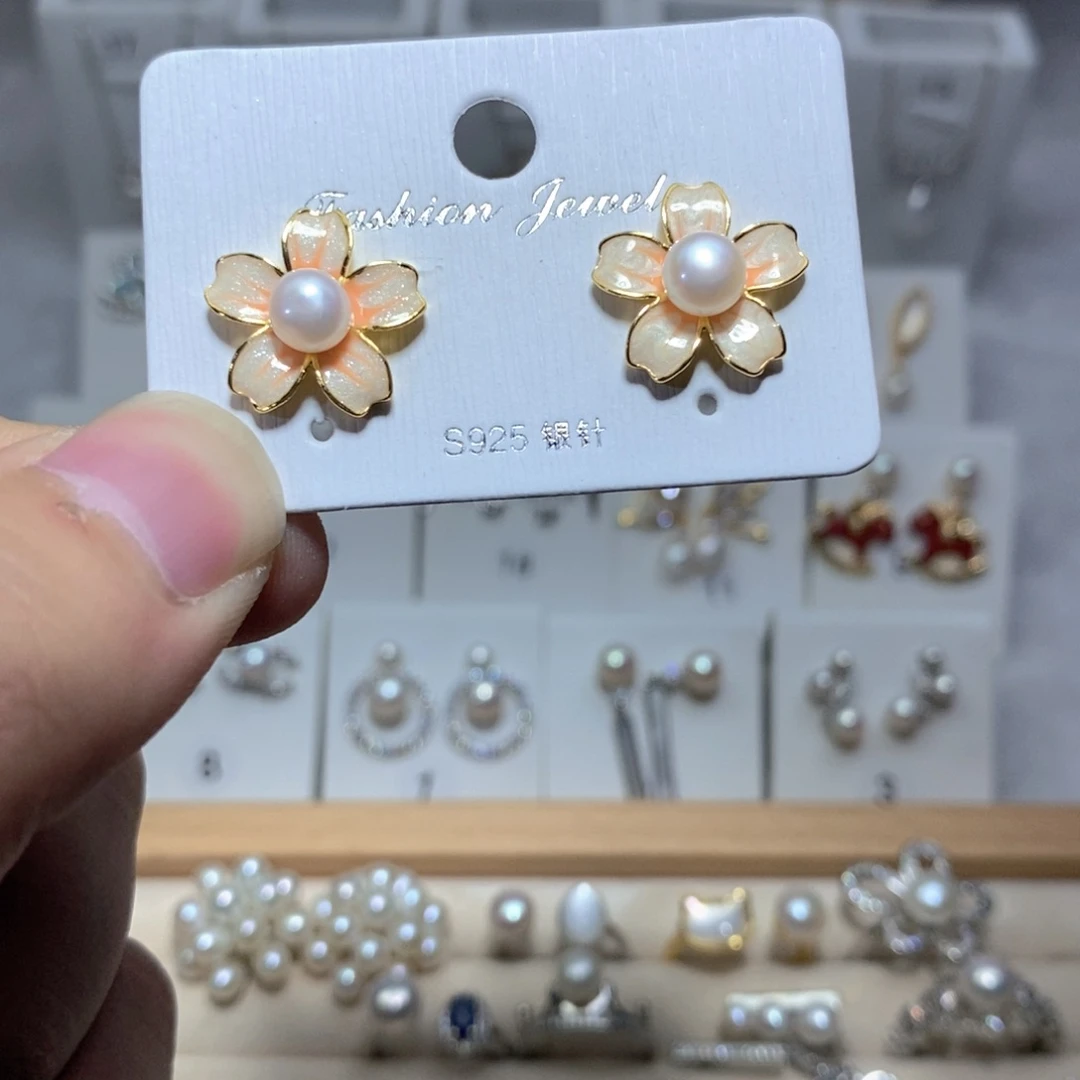 耳饰银S925镶嵌淡水珍珠