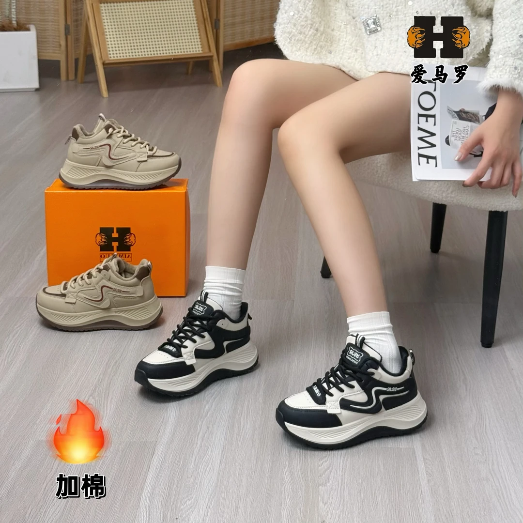 【雅典娜】厚底老爹鞋女2024冬季新加棉加厚黑白拼色运动鞋8826