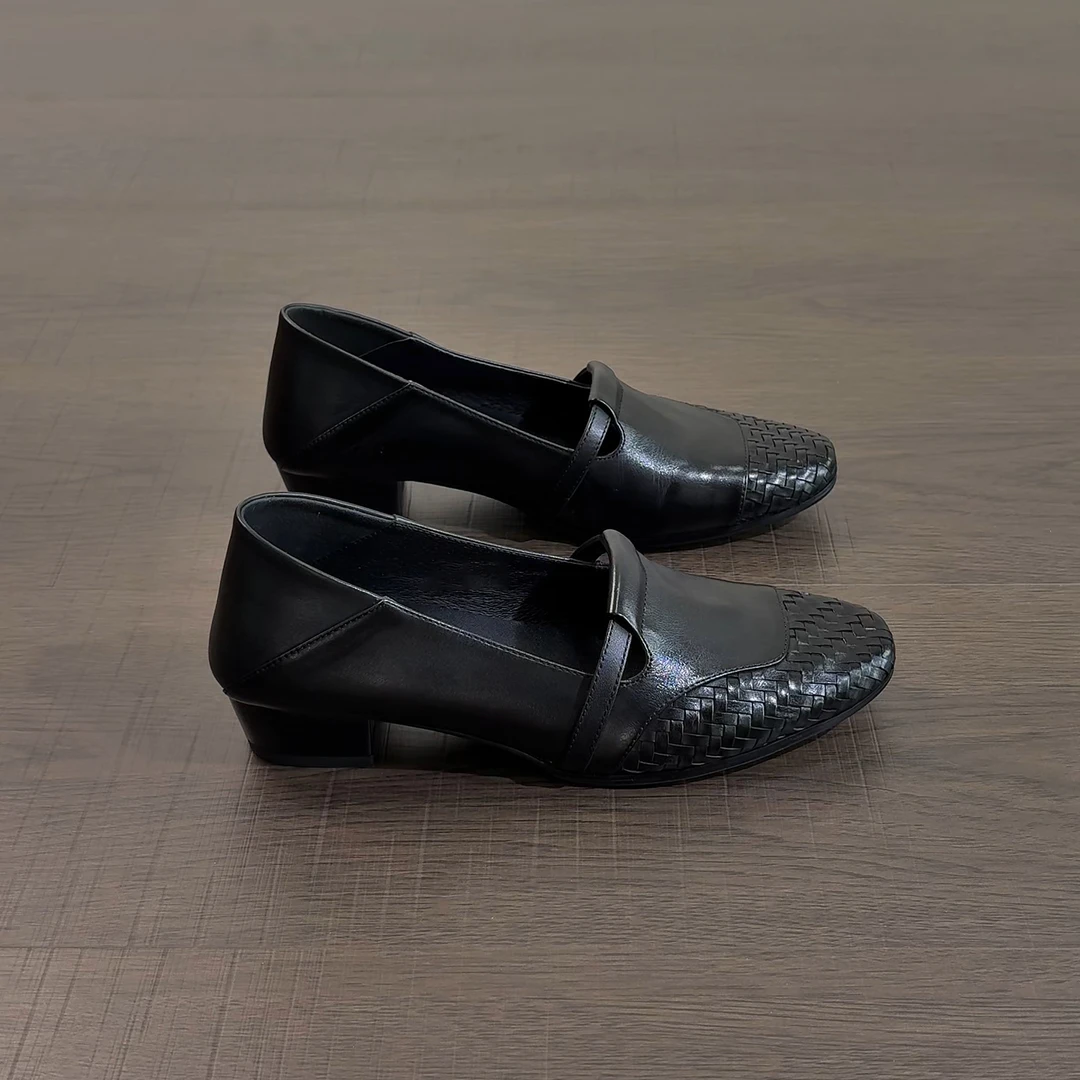 3.5cm/2664牛皮编织复古低跟单鞋女春秋圆头粗跟中跟玛丽珍鞋真皮