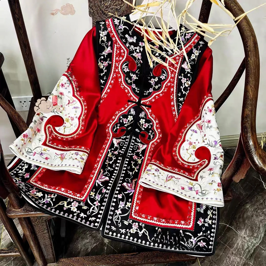 墨轩听雪提花刺绣拼接圆领上衣2025春夏款国风复古内搭外套女