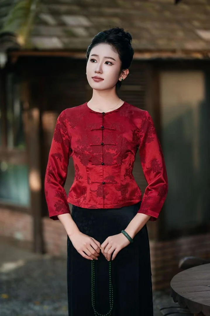 玉家人自制 | 勐年.桑蚕丝冠乐绉改良傣族服装红色上衣新年款