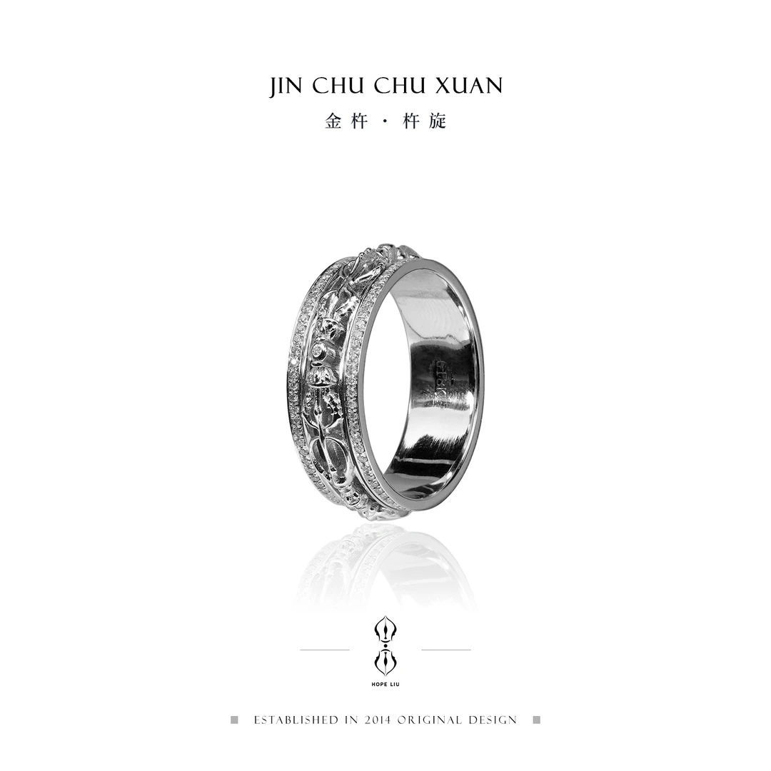 【金杵·杵旋】18K手工金金杵旋转戒指（白金版）-H022