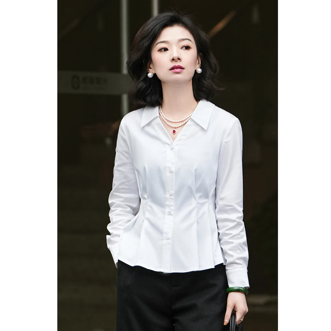 西子/【戛纳衬衫】高支精梳长绒棉V领压褶收腰职场百搭衬衫/CSZY093