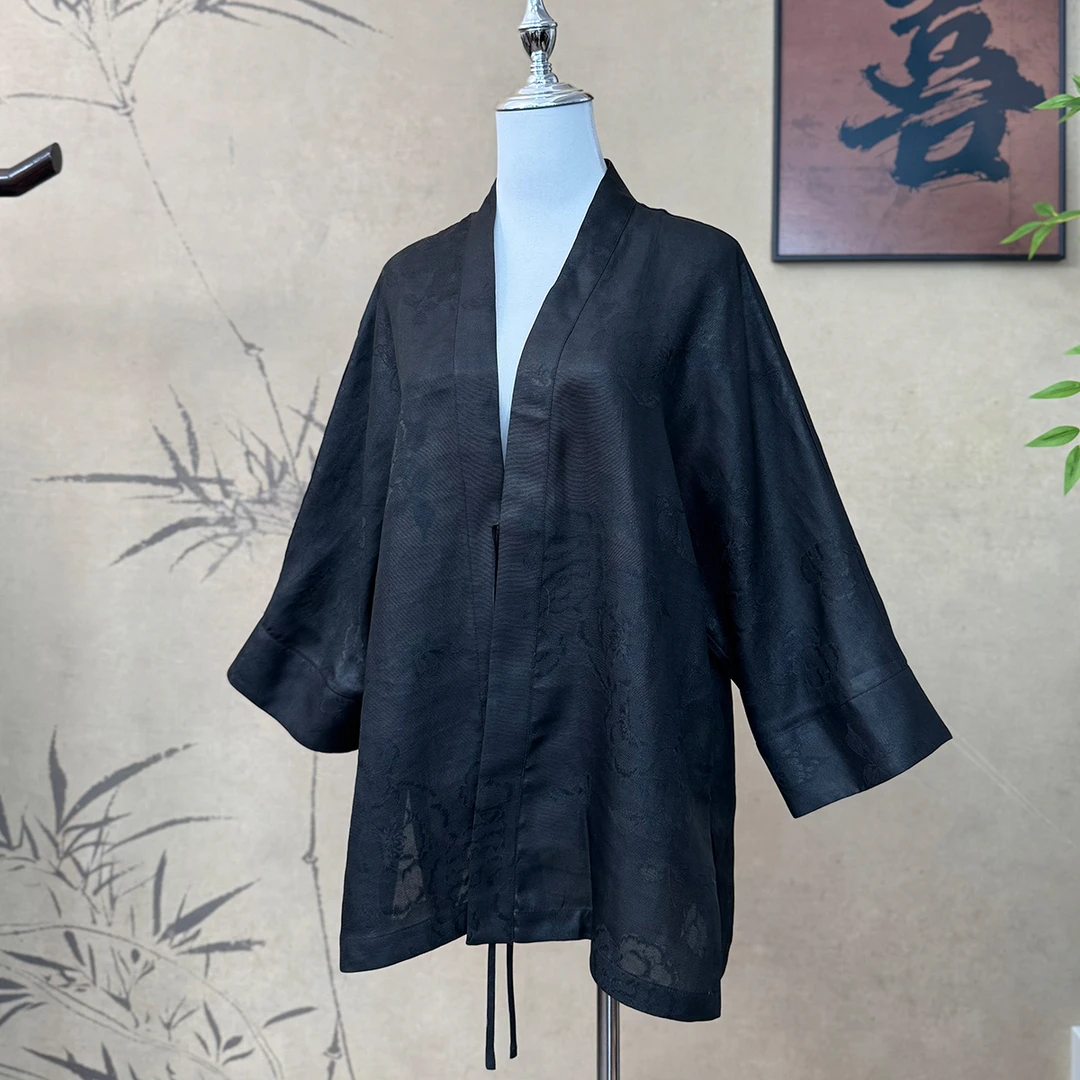 【卷卷新中式】“墨染”香云纱黑色全孔横罗缎茶服双穿道袍上衣