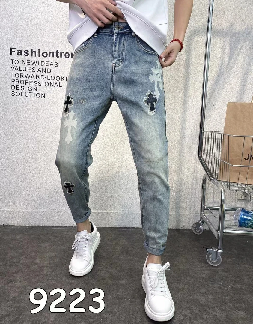 春夏款永林同款9223十字图案重工蓝色小脚牛仔裤男士时尚