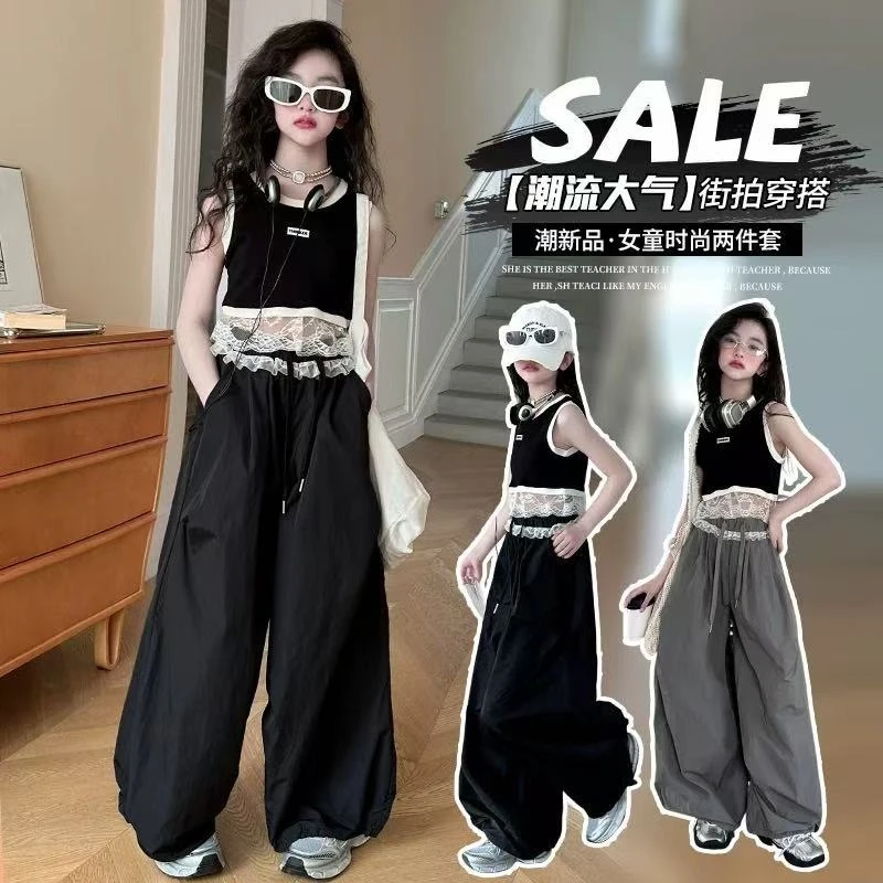 女童甜酷工装裤夏季洋气女大童薄款宽松阔腿裤儿童蕾丝花边休闲裤