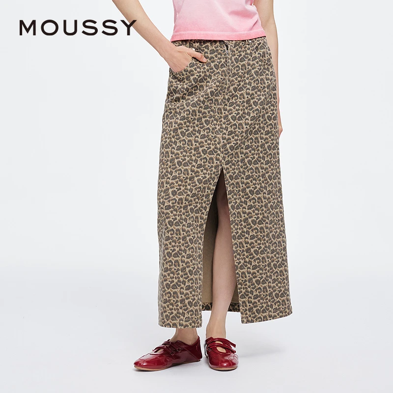 moussy 2025夏季新品美式复古前开衩长款豹纹半身裙028ISA31-2431