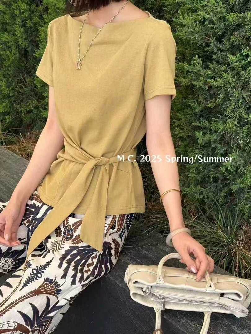 【苗姐优选】一字领设计师系带收腰立体裁剪T恤KLS25291