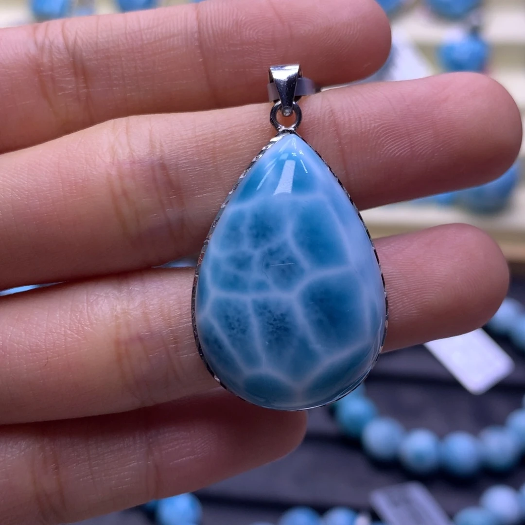针钠钙石（海纹石）银S925镶嵌吊坠(不含链)水滴吊坠色差略异