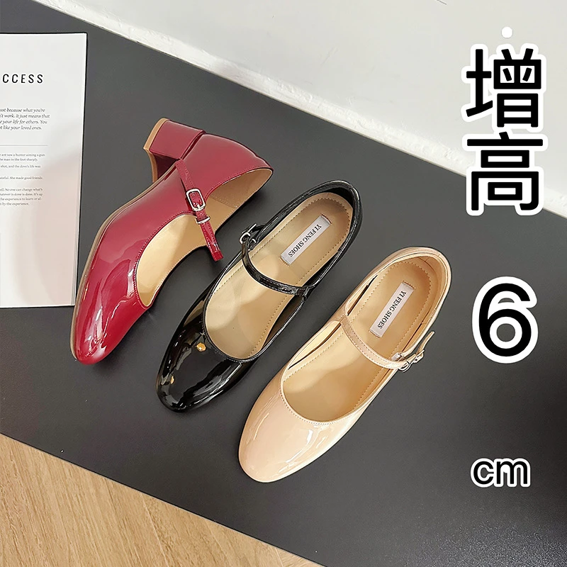 新款高跟圆头浅口一字带通勤显瘦粗跟内增高漆皮玛丽珍单鞋女