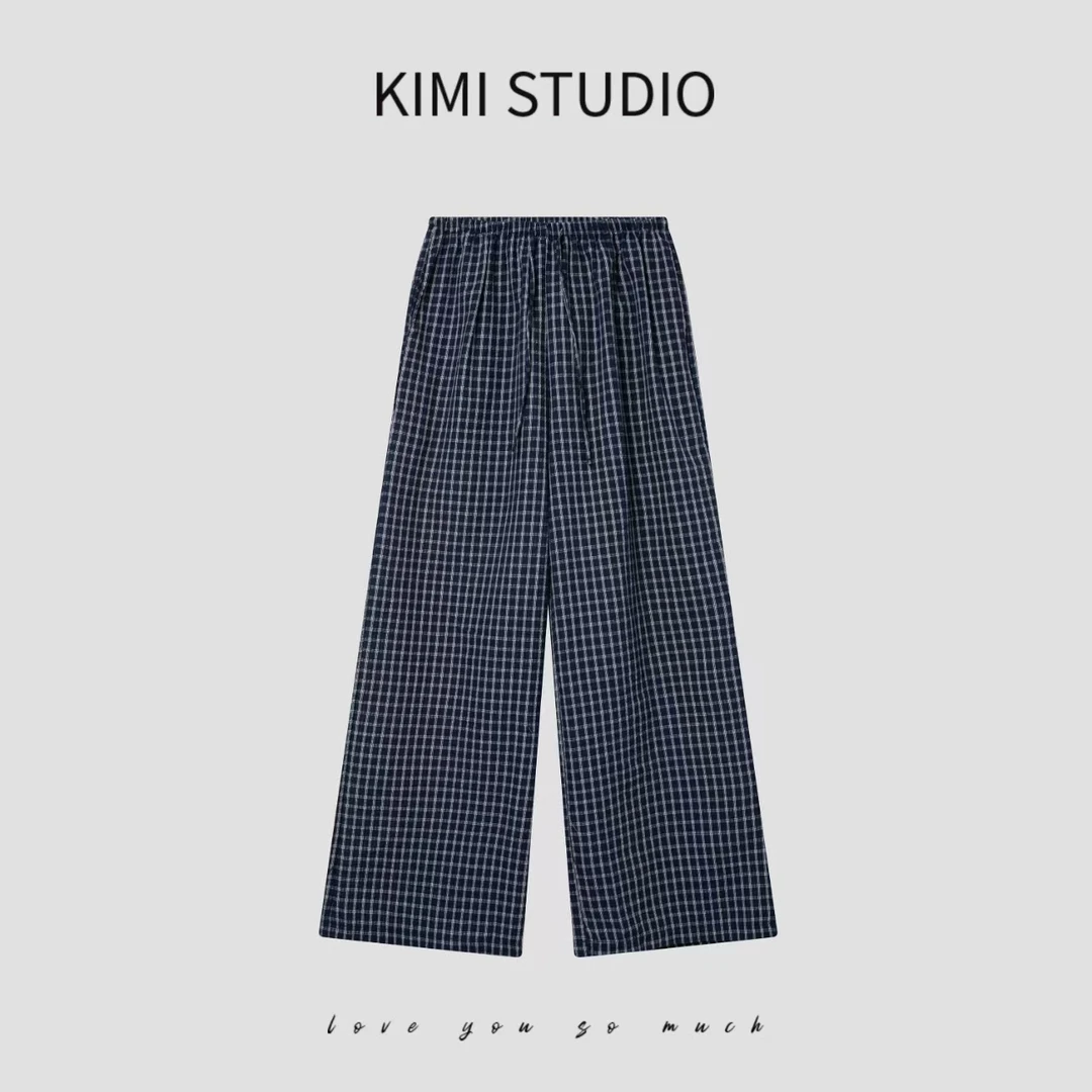 SS251748 夏季立体泡泡棉直筒小格子裤