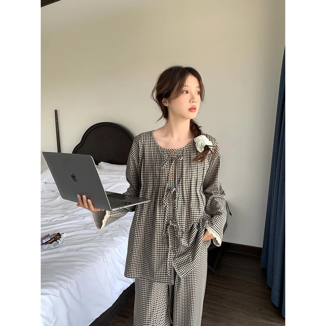 蝴蝶结格子睡衣套装女薄款亲肤舒适可外穿家居服