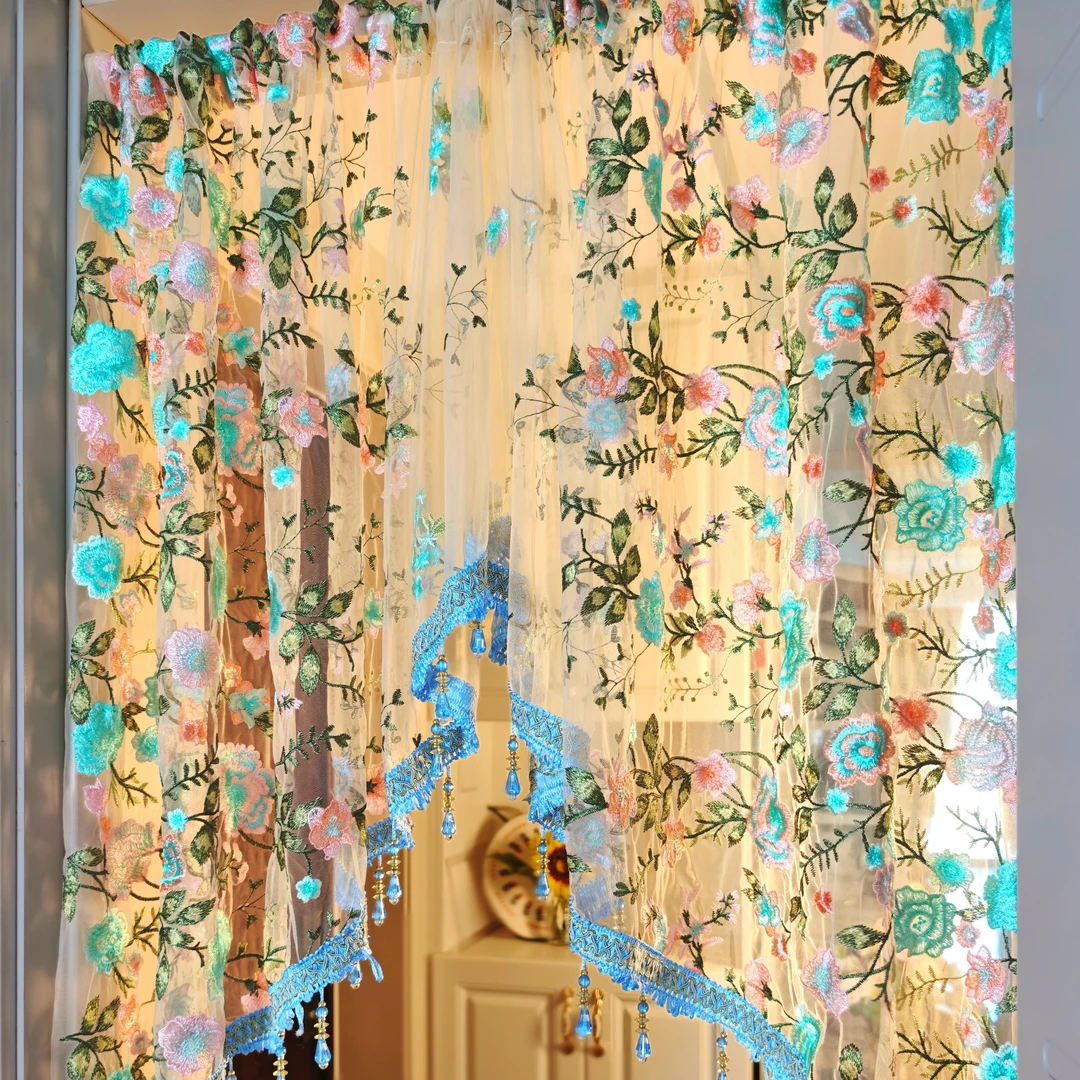 ［绣花门帘］高定刺绣花卉免打孔半截纱帘卧室门口氛围感隔断帘