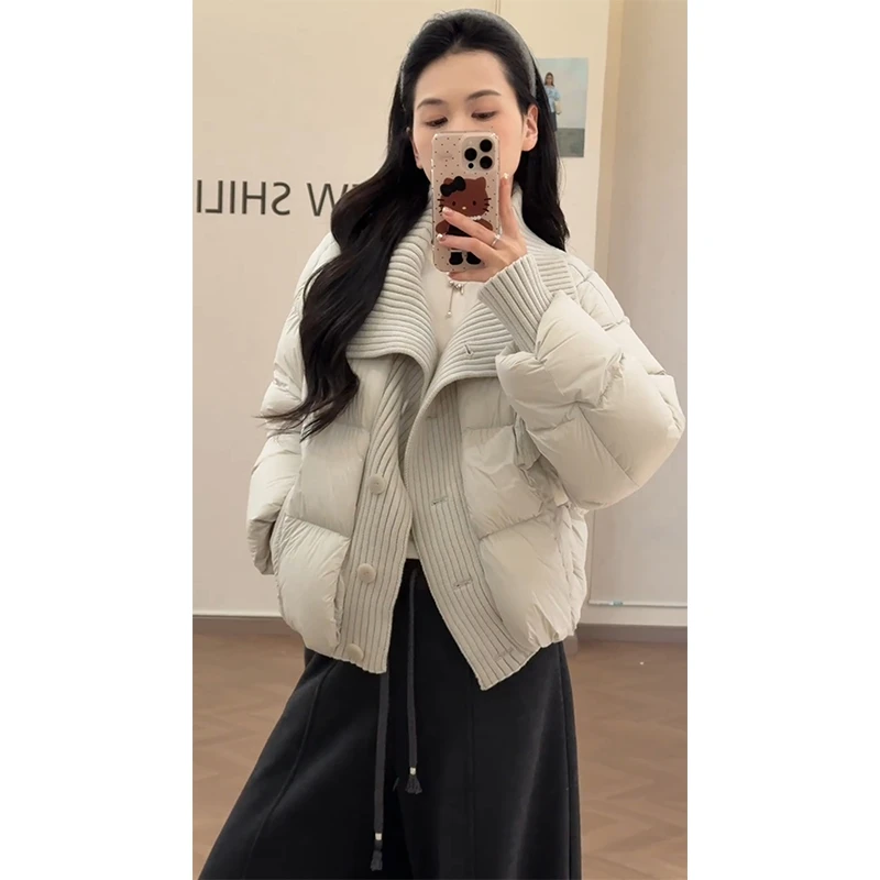 parkyeon秋冬新款大翻领针织拼接保暖棉服外套高腰显瘦休闲裤套装