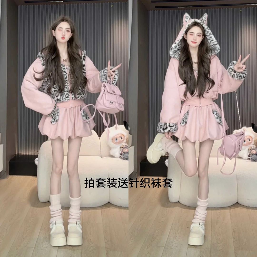 S胡萝卜【两面穿豹纹拼接麂皮绒裙套装】冬季新款宽松显瘦减龄套装