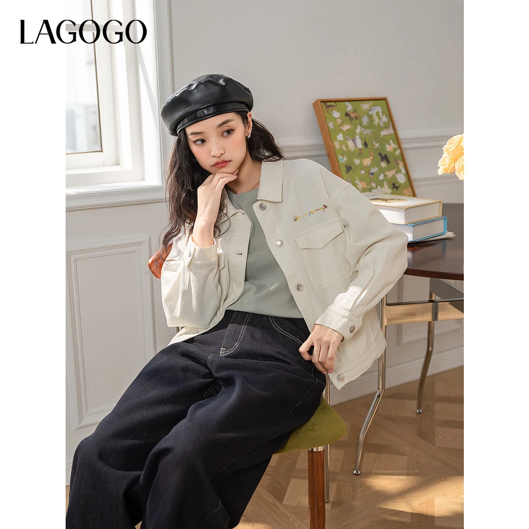 LAGOGO字母绣花纯棉牛仔外套女拉谷谷2025年春新款上衣OAWW511G01