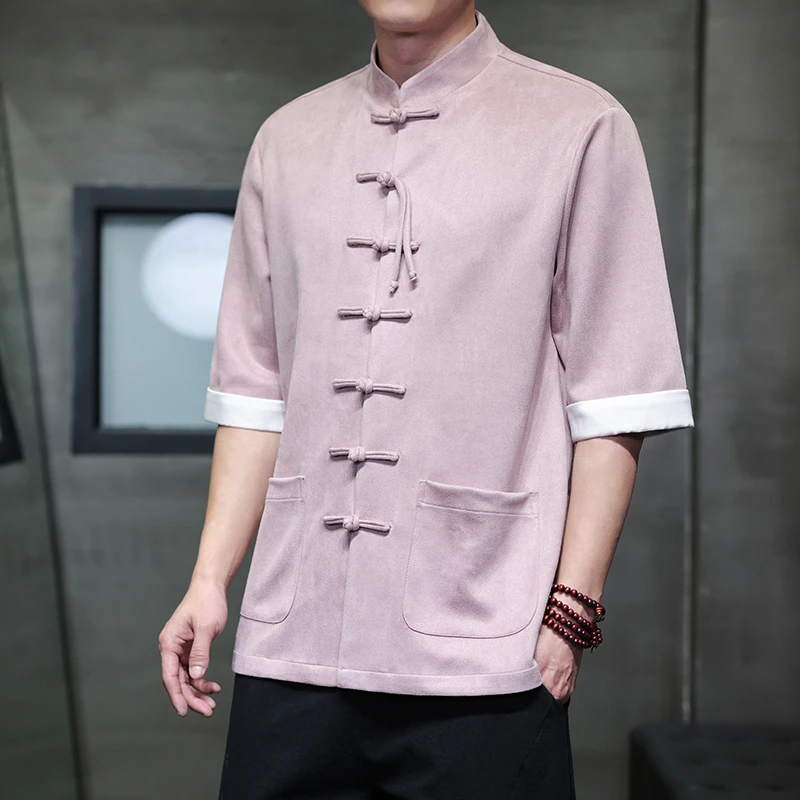 2025春夏中国风短袖衬衫男新中式休闲青年唐装立领汉服盘扣衬衣潮