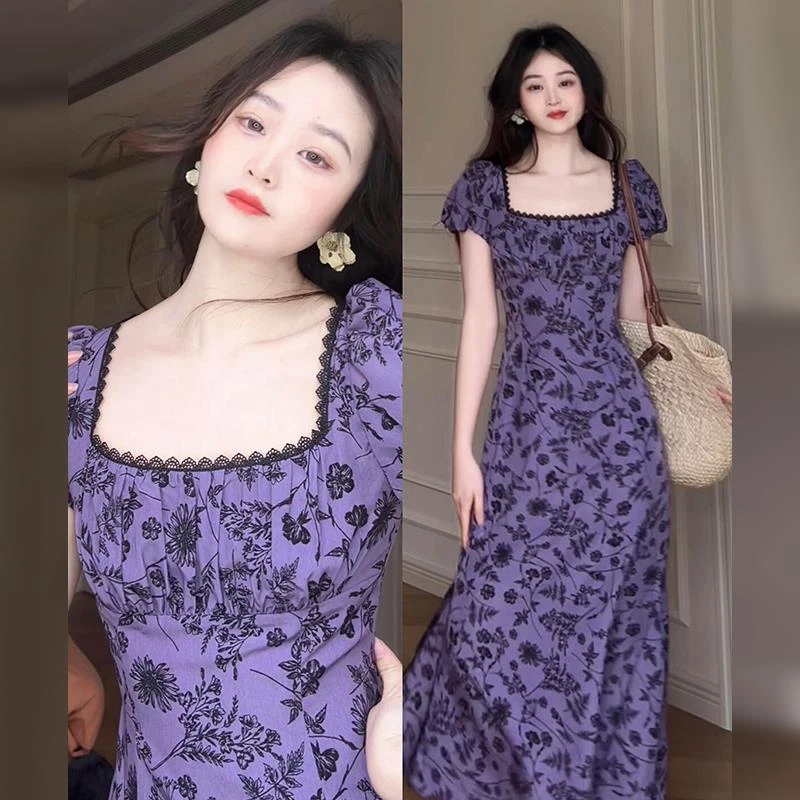 法式紫色方领碎花连衣裙子女夏季2025年新款高级感多巴胺气质长裙