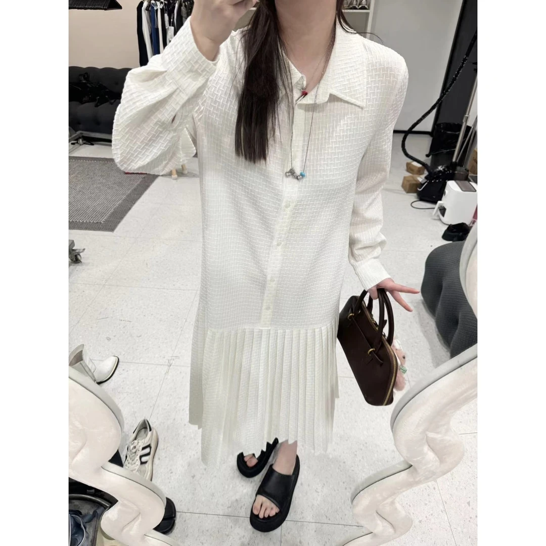 蕾蕾【方糖少女】韩版纯色polo领肌理感华夫格拼接百褶连衣裙