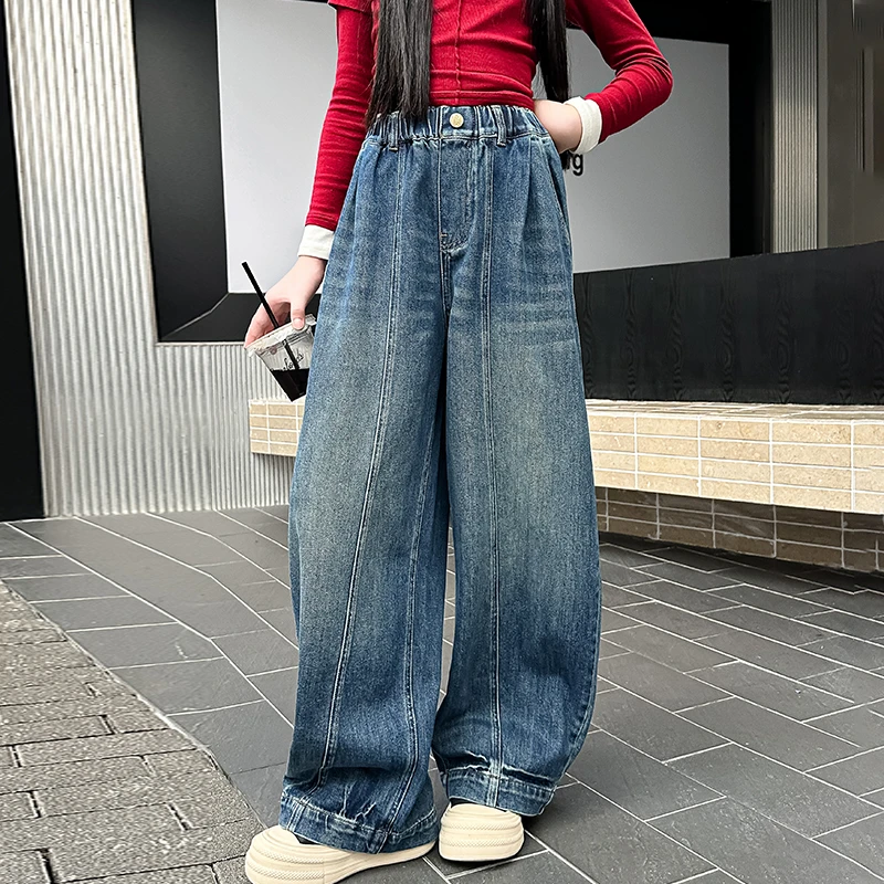 女童牛仔阔腿裤春秋季2025新款女大童休闲弯刀裤儿童时髦百搭裤子