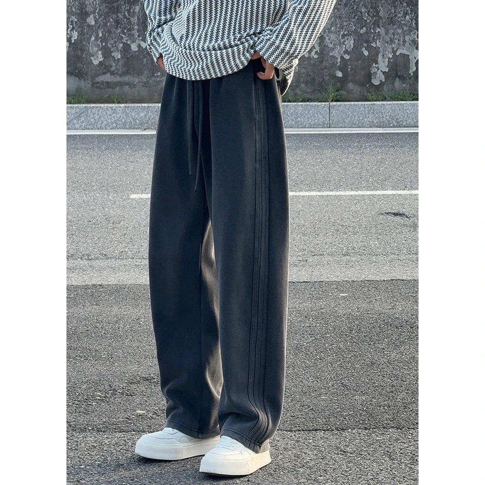 水洗灰三条杠重磅卫裤运动裤男款垂坠感美式直筒裤拖地休闲长裤男