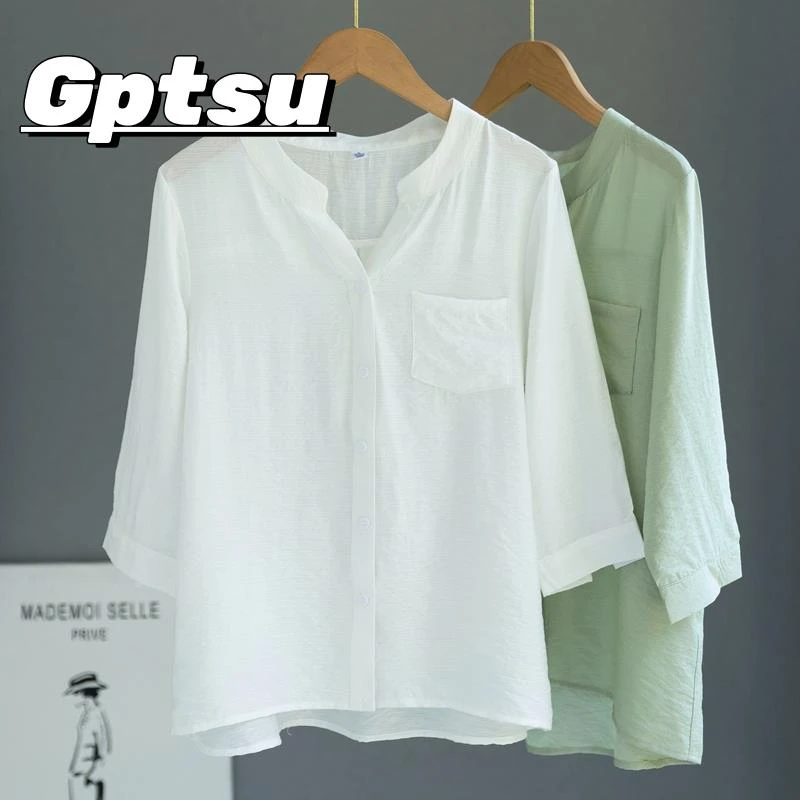 GPTSu高端女装夏季2025薄款V领七分袖衬衫女宽松休闲简约百搭上衣