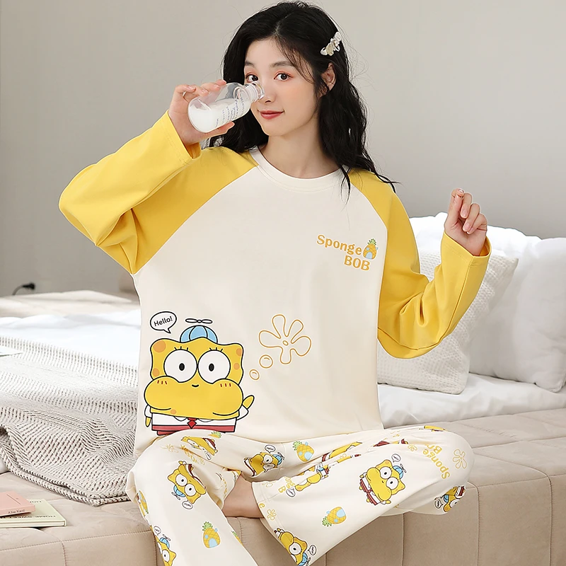 睡衣女款纯棉秋冬季2025新款长袖全棉卡通圆领宽松家居服大码套装