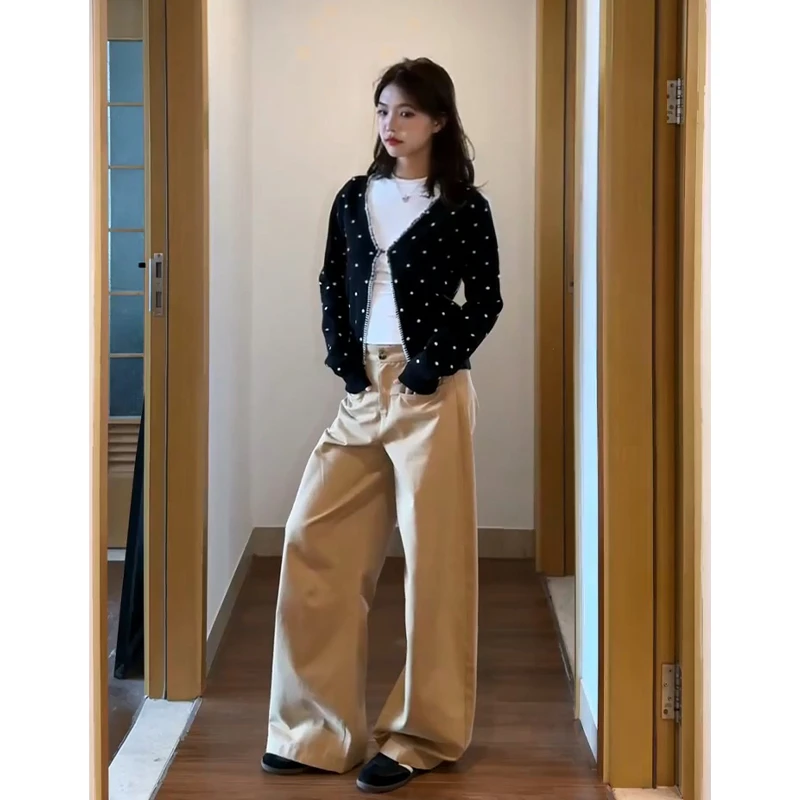 2025早秋新款韩系穿搭百搭修身长袖波点开衫气质高腰显瘦阔腿长裤