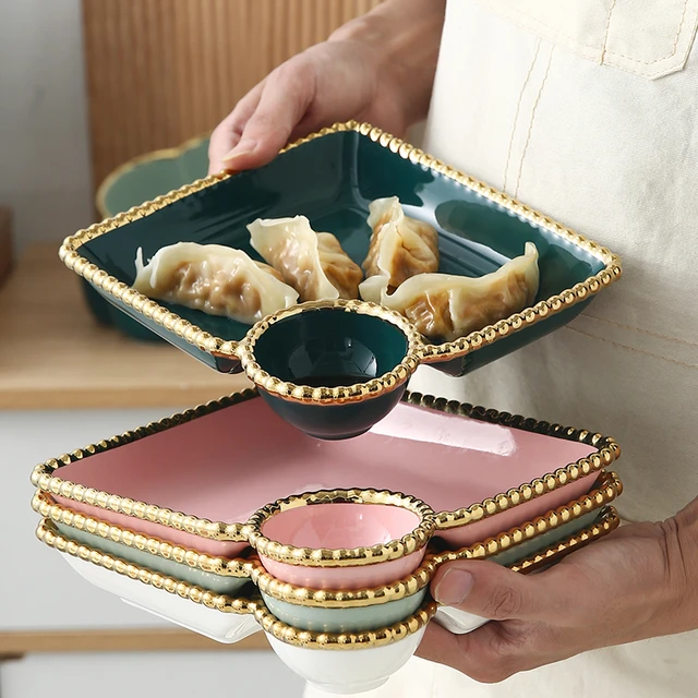 北欧轻奢金边盘子家用陶瓷饺子盘带醋碟分格餐盘新款饺子碟专用盘