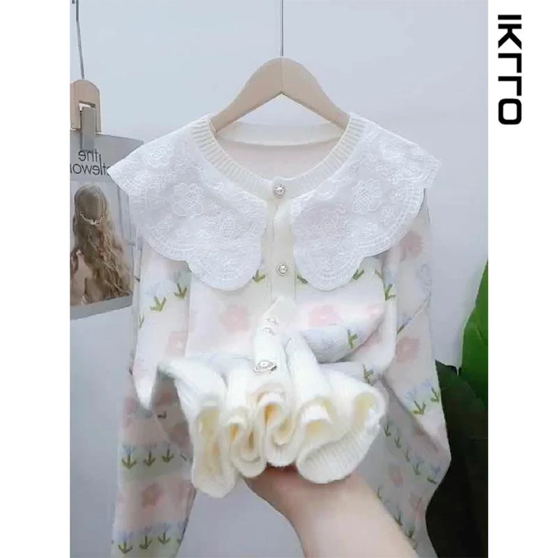 THEORY ERROR轻奢法式奶的毛衣外套女新款早秋季慵懒风软糯蕾丝领