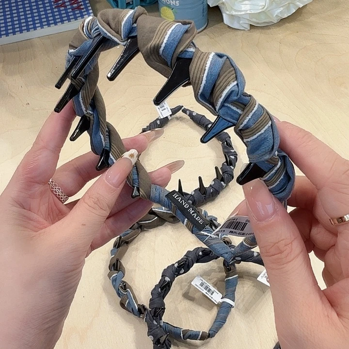 蓝棕格子发箍新款