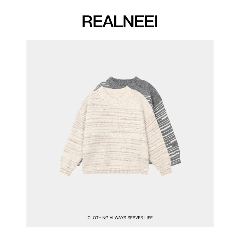 REALNEEI【圣特罗佩】眻毛设计感条纹渐变套头保暖毛衣X1235