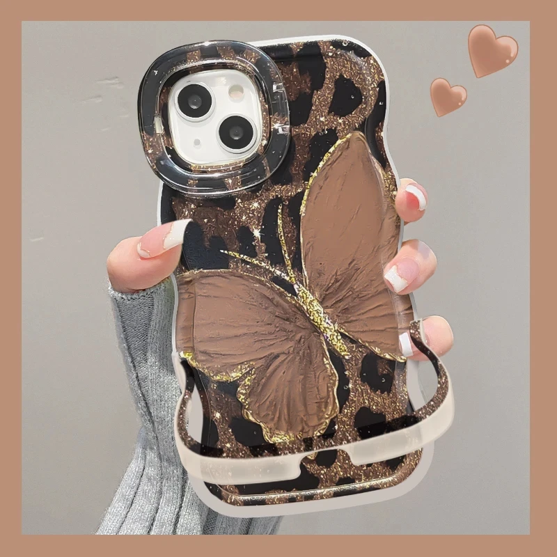 豹纹蝴蝶适用苹果15华为oppo/vivo小米iPhone16板凳双支架手机壳