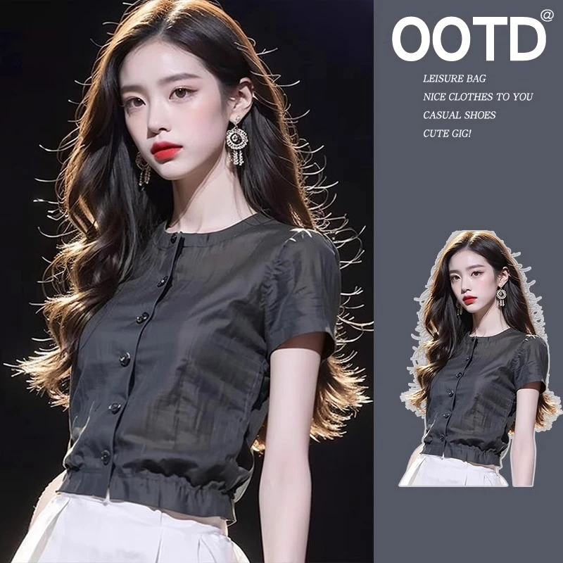 法式轻薄短袖衬衫女士高级设计感众夏季独特别致漂亮小衫短款上衣