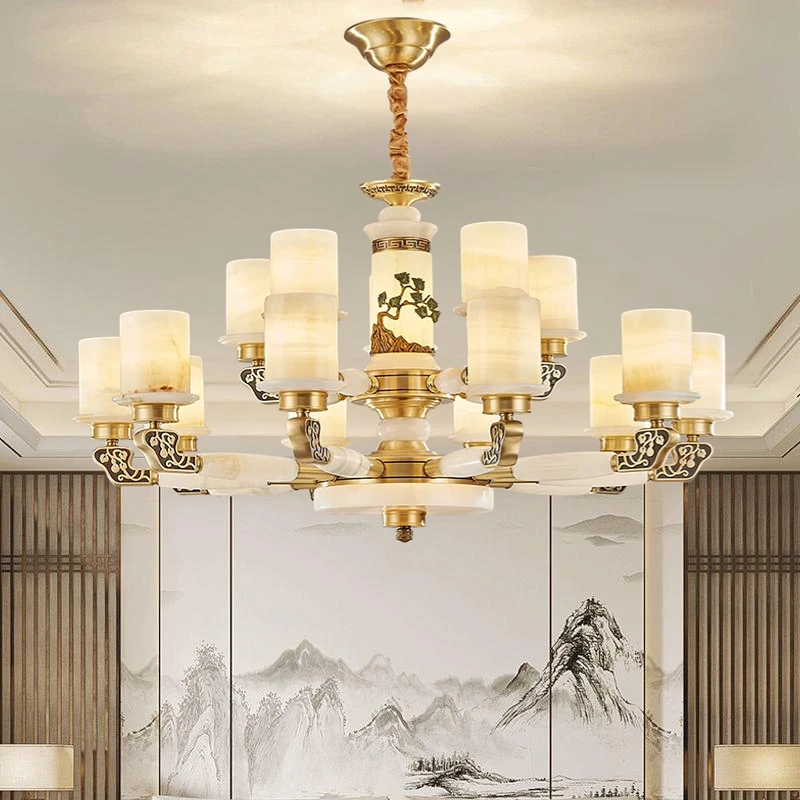 新中式玉石全铜客厅吊灯别墅中国风灯大气玉石大气复式楼挑空高端