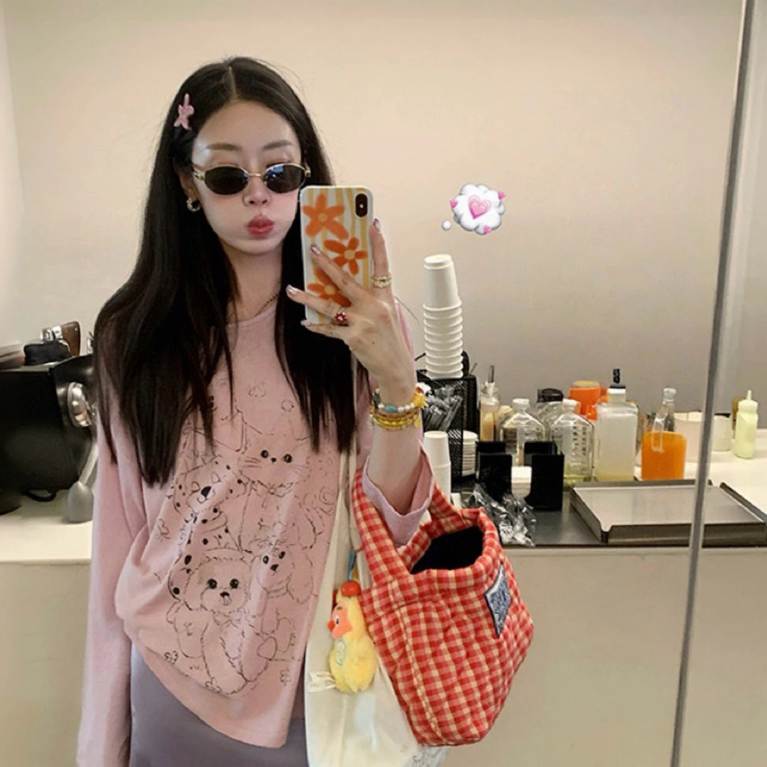 WGWE-薄款可爱小狗印花防晒t恤女慵懒风宽松显瘦上衣长袖T恤